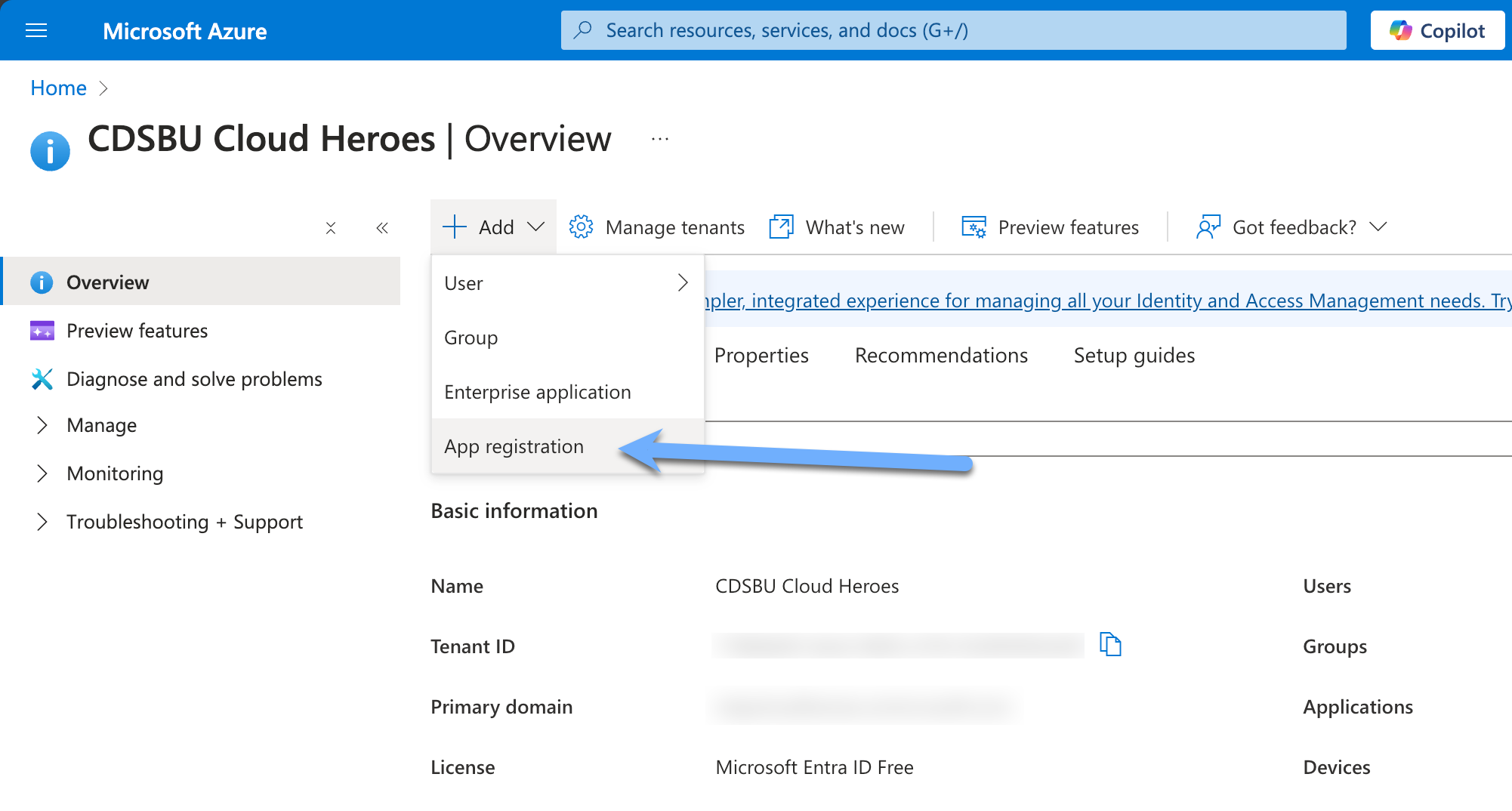 Select App Registration in the Add menu in Microsoft Azure Entra