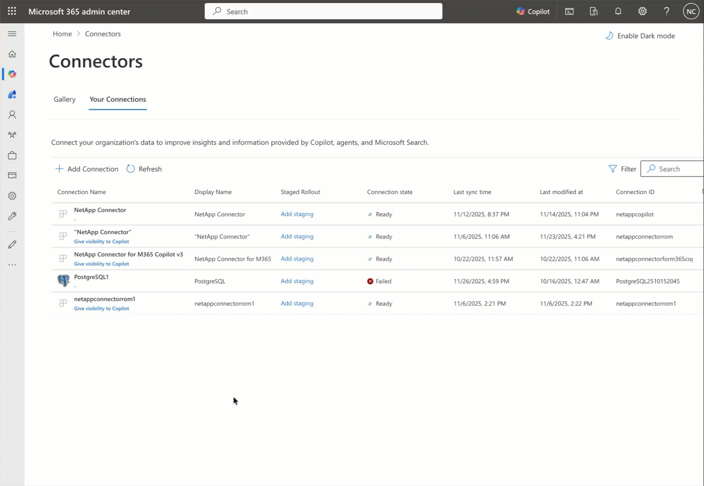 M365 Admin Centre showing how to manage access to connector results