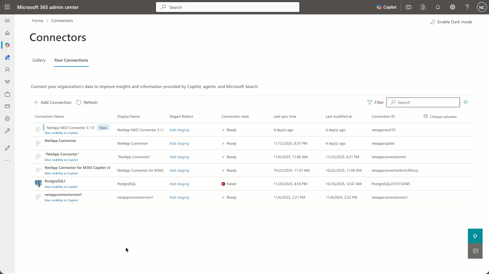 M365 Admin Centre showing how to remove a connector and all indexed content